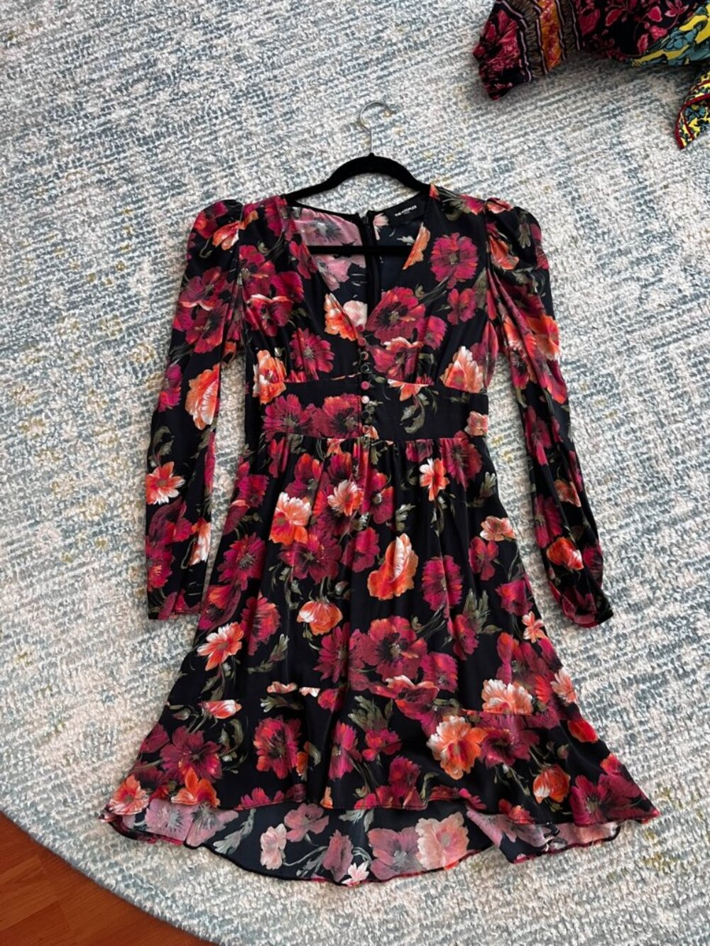 The Kooples Black Silk Floral Mini Dress Red Orange Poppy V-Neck Size S